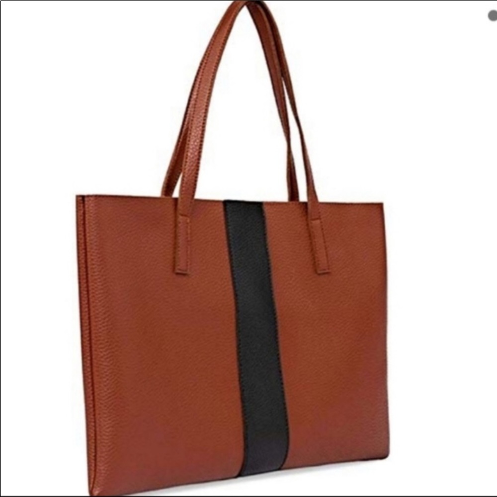 VINCE CAMUTO Grain Leather Brown Black Tote Bag